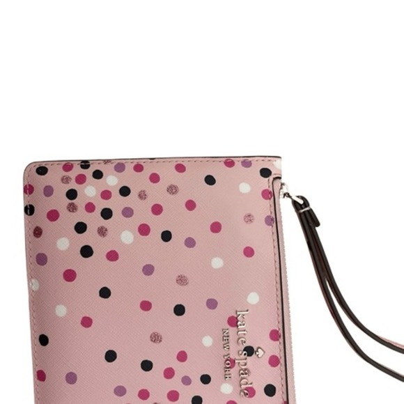 Kate Spade New York Pink Polka Dot Saffiano Leather Wristlet Clutch Bag